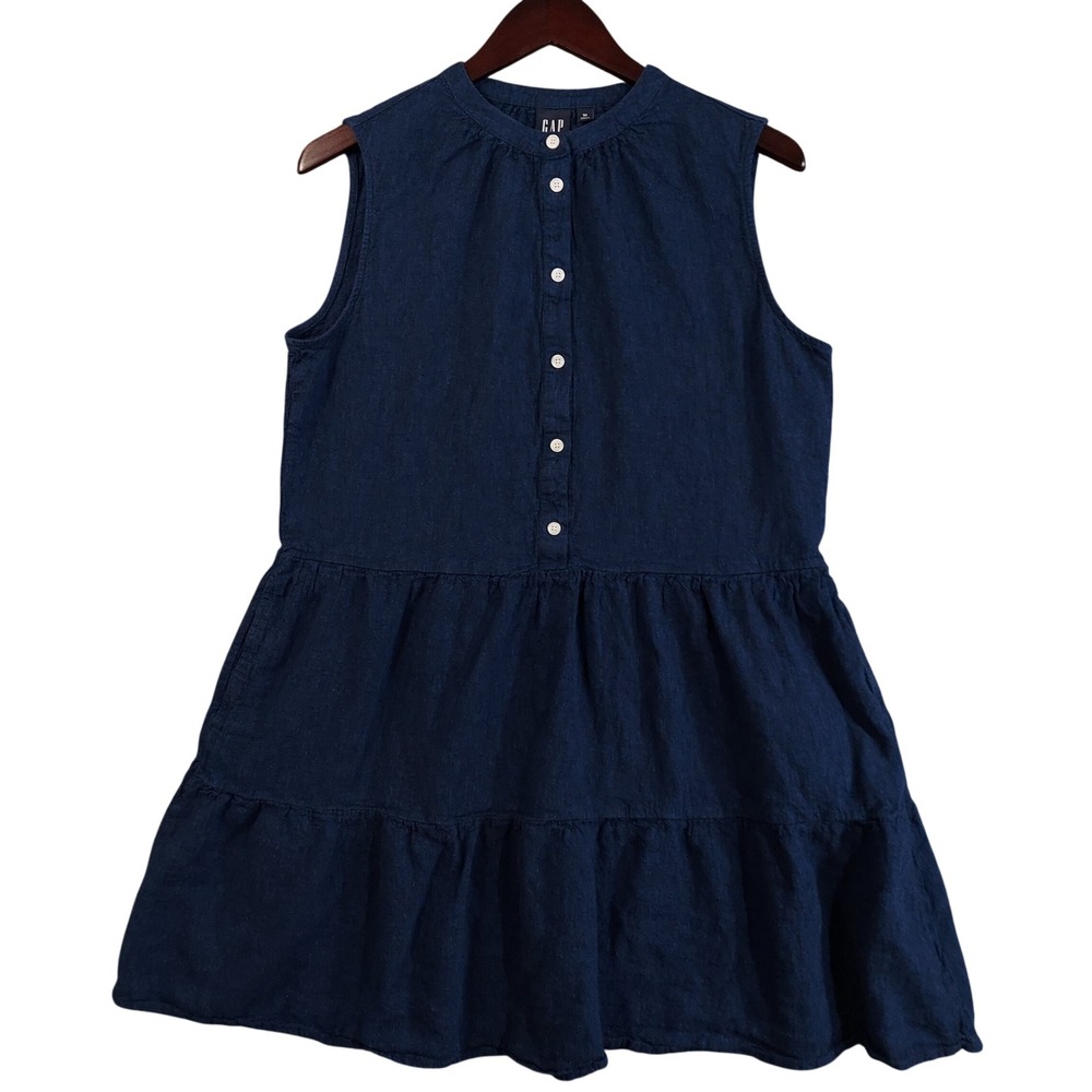 GAP Tiered Mini Dress Womens Medium Navy Blue Linen Blend Sleeveless Pocket